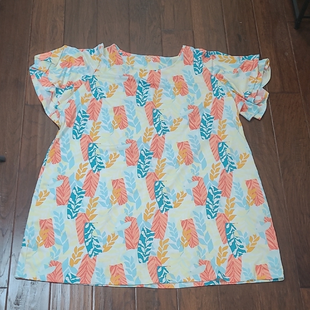 Kim Rogers White, Coral & Teal Leaf Print Flutter Sleeve Dress size 3X